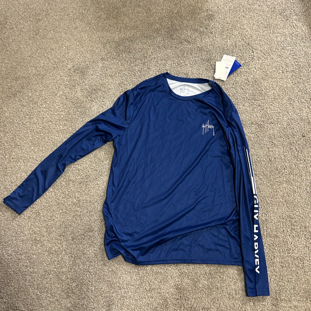 Guy Harvey Navy Blue Long Sleeve Top w/ American Flag Marlin